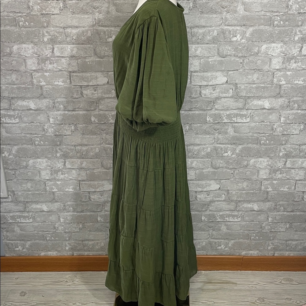 Olive Green Midi Dress with Smocked Waist - Picture 4 of 7